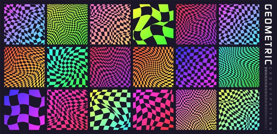 Groovy checkered pattern, colorful distorted tiled grid. Vintage wavy curved Stock Illustration