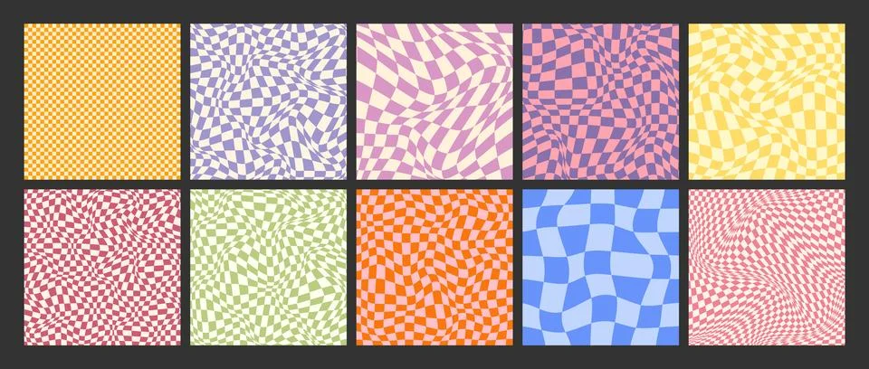 Groovy checkered pattern, colorful distorted tiled grid. Vintage wavy curved Stock Illustration