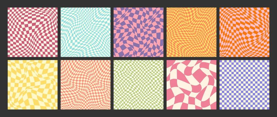 Groovy checkered pattern, colorful distorted tiled grid. Vintage wavy curved Stock Illustration