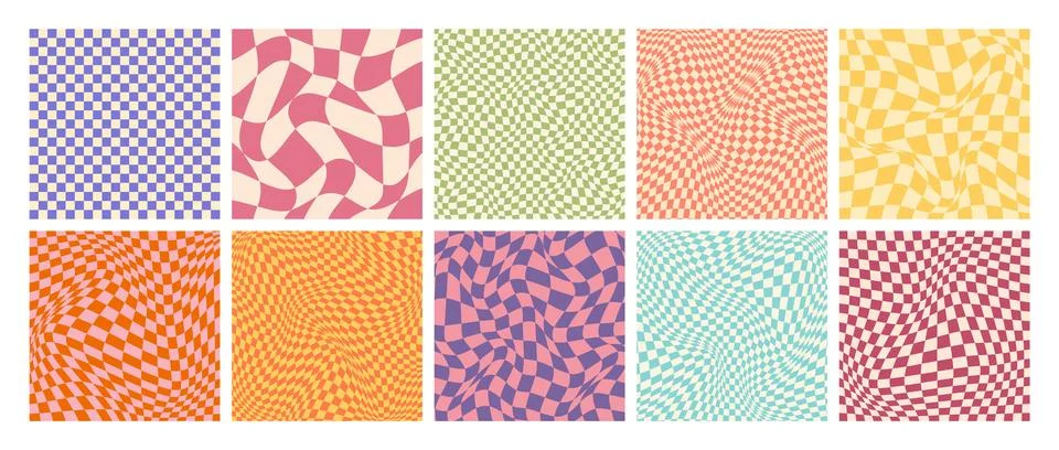 Groovy checkered pattern, colorful distorted tiled grid. Vintage wavy curved Stock Illustration