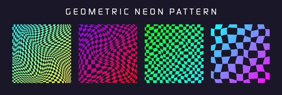 Groovy checkered pattern, colorful distorted tiled grid. Vintage wavy curved Stock Illustration