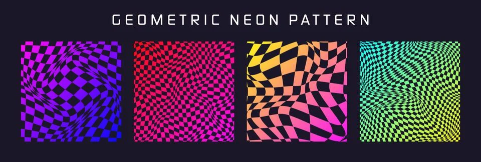 Groovy checkered pattern, colorful distorted tiled grid. Vintage wavy curved Stock Illustration