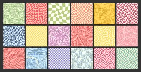Groovy checkered pattern, colorful distorted tiled grid. Vintage wavy curved Stock Illustration