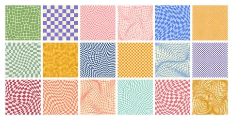 Groovy checkered pattern, colorful distorted tiled grid. Vintage wavy curved Stock Illustration