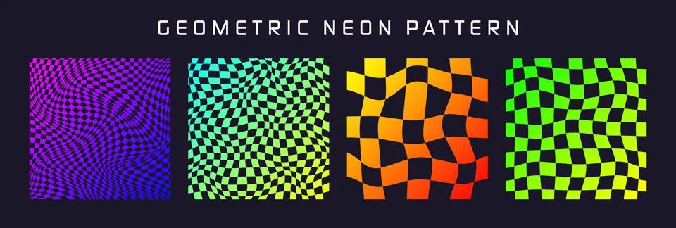 Groovy checkered pattern, colorful distorted tiled grid. Vintage wavy curved Stock Illustration
