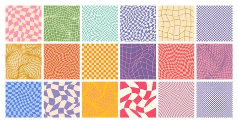 Groovy checkered pattern, colorful distorted tiled grid. Vintage wavy curved Stock Illustration