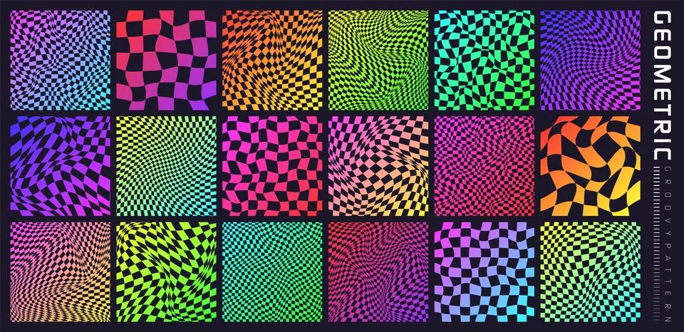 Groovy checkered pattern, colorful distorted tiled grid. Vintage wavy curved Stock Illustration