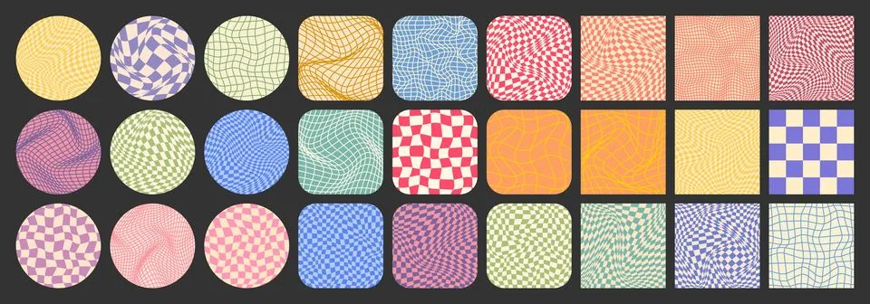 Groovy checkered pattern, colorful tiled grid. Vintage wavy curved backdrop Stock Illustration