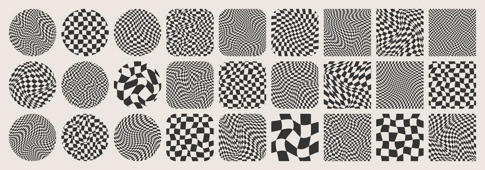 Groovy checkered pattern, colorful tiled grid. Vintage wavy curved backdrop Stock Illustration