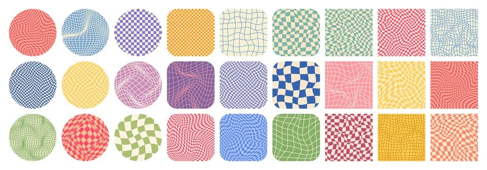 Groovy checkered pattern, colorful tiled grid. Vintage wavy curved backdrop Stock Illustration