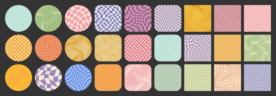 Groovy checkered pattern, colorful tiled grid. Vintage wavy curved backdrop Stock Illustration