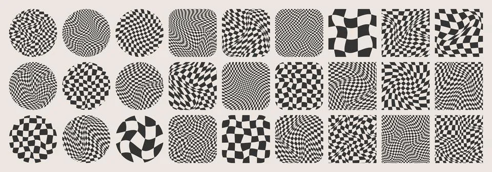 Groovy checkered pattern, colorful tiled grid. Vintage wavy curved backdrop Stock Illustration