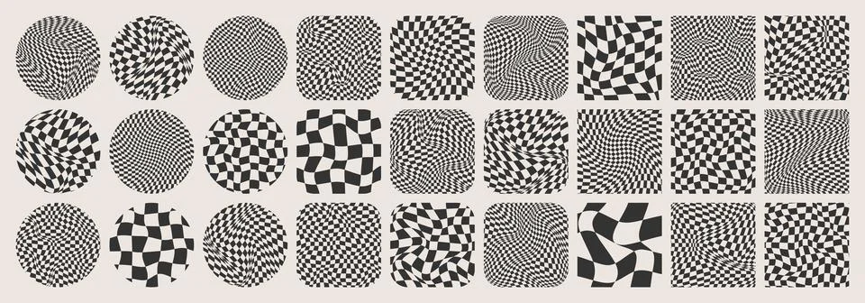 Groovy checkered pattern, colorful tiled grid. Vintage wavy curved backdrop Stock Illustration