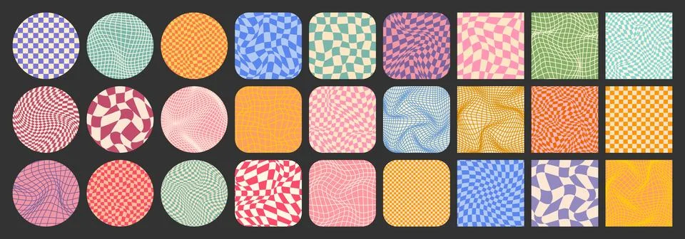 Groovy checkered pattern, colorful tiled grid. Vintage wavy curved backdrop Stock Illustration