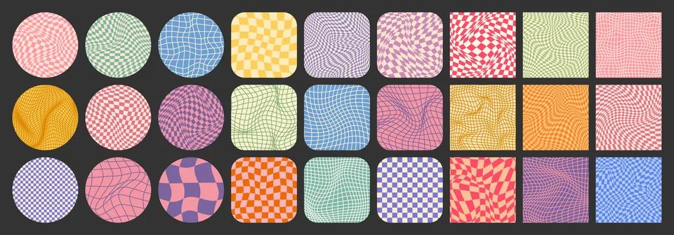 Groovy checkered pattern, colorful tiled grid. Vintage wavy curved backdrop Stock Illustration