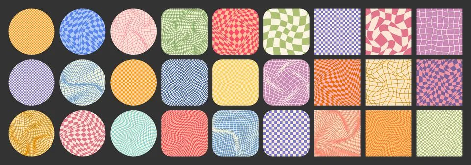 Groovy checkered pattern, colorful tiled grid. Vintage wavy curved backdrop Stock Illustration
