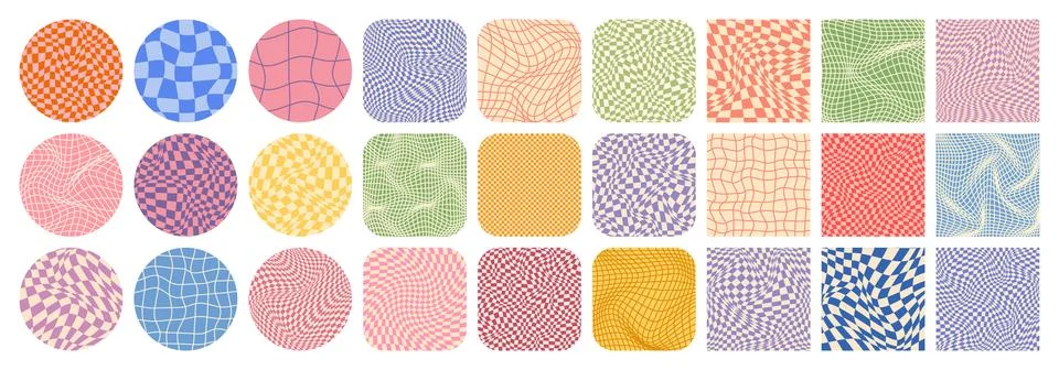 Groovy checkered pattern, colorful tiled grid. Vintage wavy curved backdrop Illustrazione stock