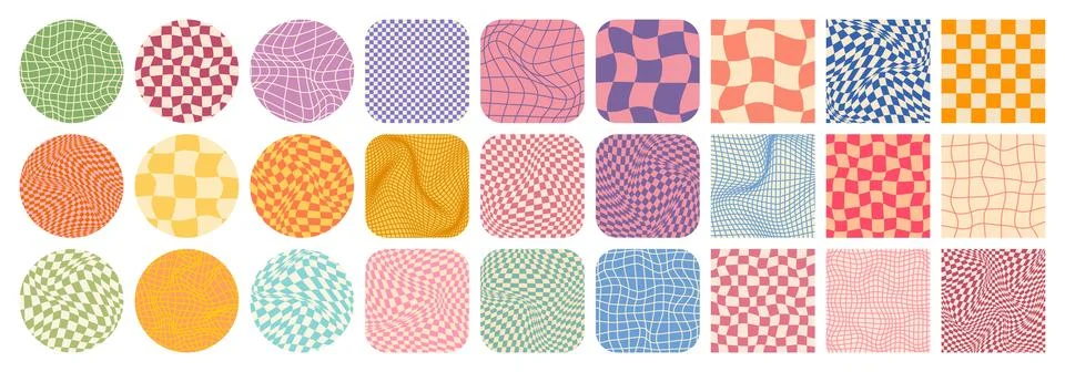 Groovy checkered pattern, colorful tiled grid. Vintage wavy curved backdrop Stock Illustration