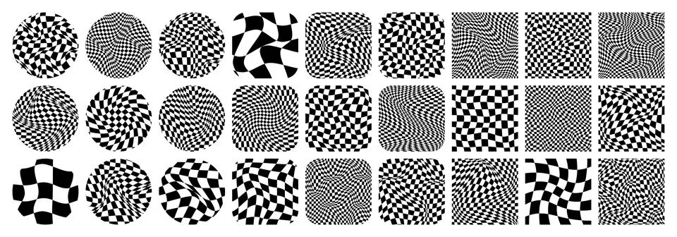 Groovy checkered pattern, colorful tiled grid. Vintage wavy curved backdrop Stock Illustration