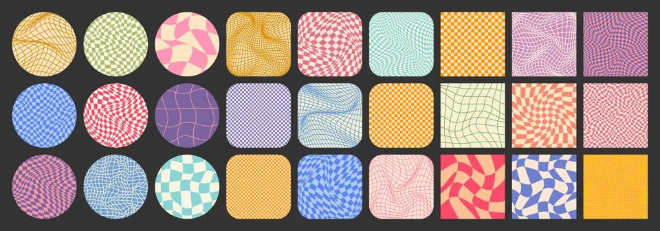 Groovy checkered pattern, colorful tiled grid. Vintage wavy curved backdrop Stock Illustration