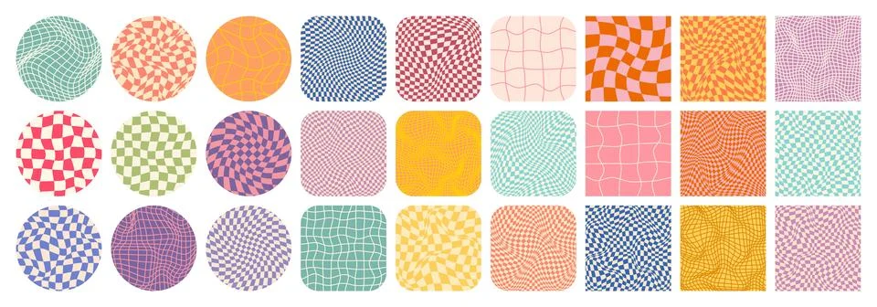 Groovy checkered pattern, colorful tiled grid. Vintage wavy curved backdrop Stock Illustration