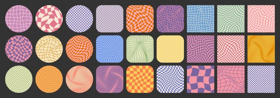 Groovy checkered pattern, colorful tiled grid. Vintage wavy curved backdrop Stock Illustration