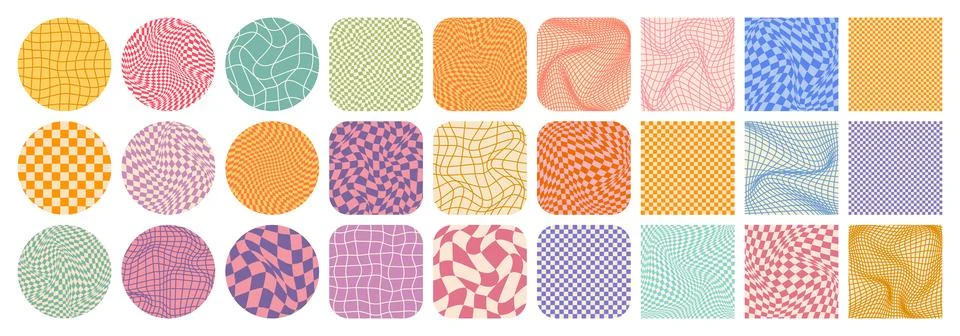 Groovy checkered pattern, colorful tiled grid. Vintage wavy curved backdrop Stock Illustration