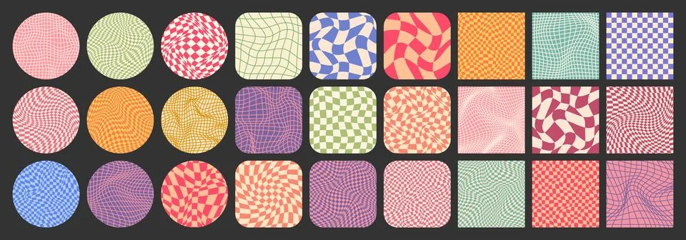 Groovy checkered pattern, colorful tiled grid. Vintage wavy curved backdrop Stock Illustration