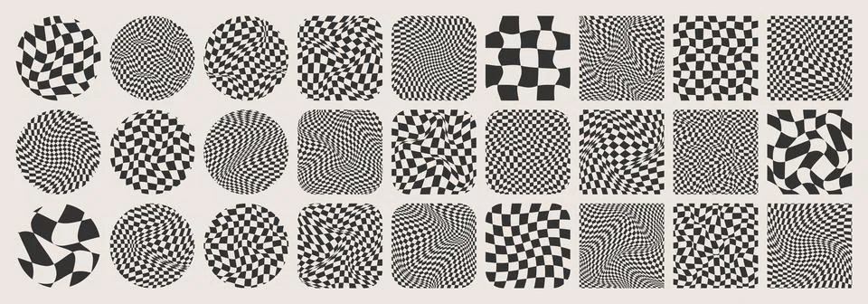 Groovy checkered pattern, colorful tiled grid. Vintage wavy curved backdrop Stock Illustration