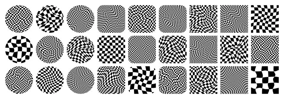 Groovy checkered pattern, colorful tiled grid. Vintage wavy curved backdrop Stock Illustration