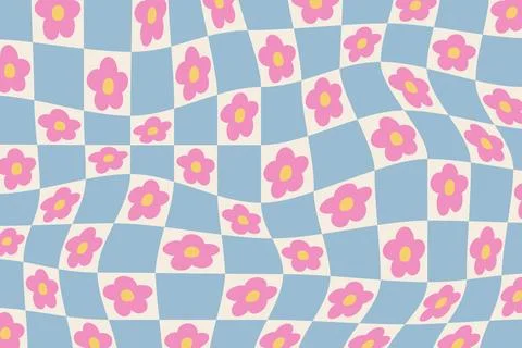 Groovy checkered pattern with daisy flowers. Trippy retro background in 60s-70s Stock Illustration