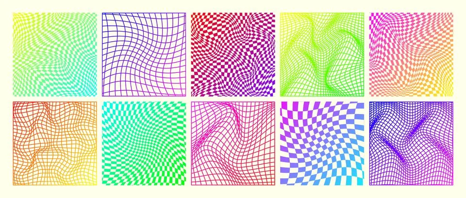 Groovy checkered pattern, neon distorted tiled grid. Vintage wavy curved Stock Illustration