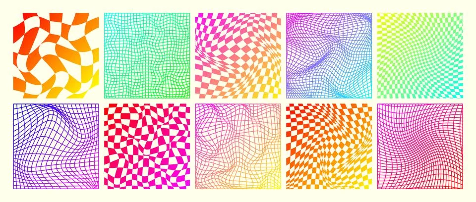 Groovy checkered pattern, neon distorted tiled grid. Vintage wavy curved Stock Illustration