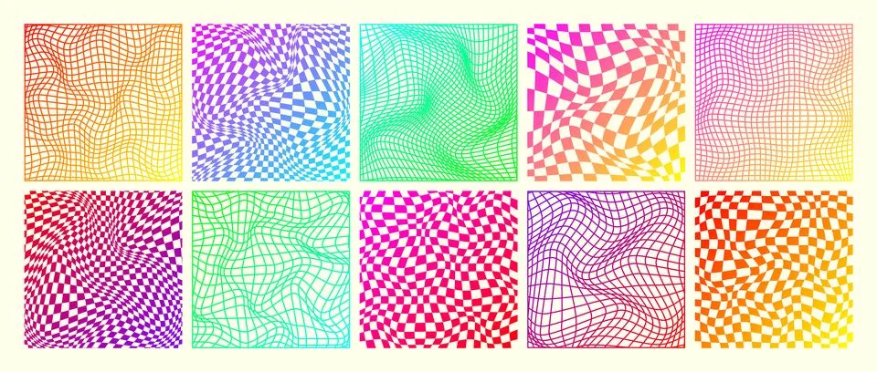 Groovy checkered pattern, neon distorted tiled grid. Vintage wavy curved Stock Illustration