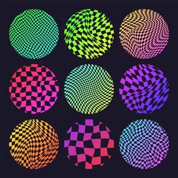 Groovy checkered pattern, neon round tiled grid. Vintage wavy curved backdrop Illustrazione stock
