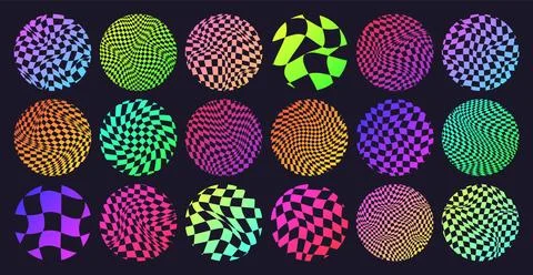 Groovy checkered pattern, neon round tiled grid. Vintage wavy curved backdrop Illustrazione stock