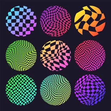Groovy checkered pattern, neon round tiled grid. Vintage wavy curved backdrop Illustrazione stock