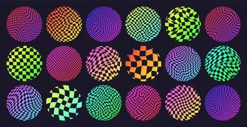 Groovy checkered pattern, neon round tiled grid. Vintage wavy curved backdrop Illustrazione stock