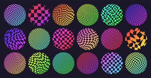 Groovy checkered pattern, neon round tiled grid. Vintage wavy curved backdrop Illustrazione stock