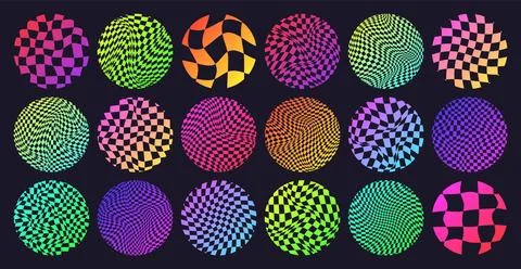 Groovy checkered pattern, neon round tiled grid. Vintage wavy curved backdrop Illustrazione stock