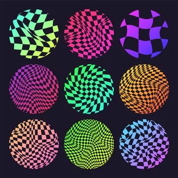 Groovy checkered pattern, neon round tiled grid. Vintage wavy curved backdrop Illustrazione stock