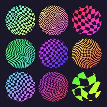 Groovy checkered pattern, neon round tiled grid. Vintage wavy curved backdrop Illustrazione stock