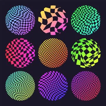 Groovy checkered pattern, neon round tiled grid. Vintage wavy curved backdrop Stock Illustration