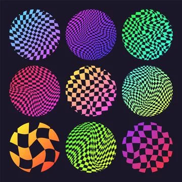 Groovy checkered pattern, neon round tiled grid. Vintage wavy curved backdrop Stock Illustration