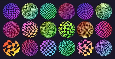 Groovy checkered pattern, neon round tiled grid. Vintage wavy curved backdrop Stock Illustration