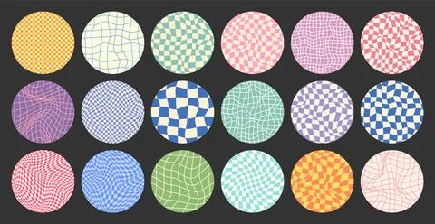 Groovy checkered pattern, round colorful tiled grid. Vintage wavy curved Stock Illustration