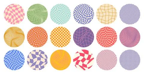 Groovy checkered pattern, round colorful tiled grid. Vintage wavy curved Stock Illustration