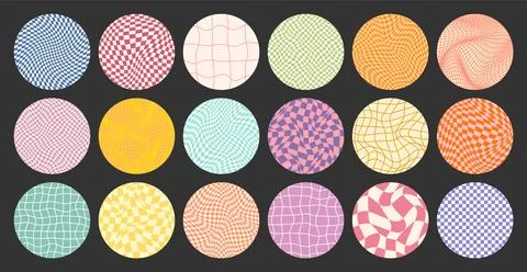Groovy checkered pattern, round colorful tiled grid. Vintage wavy curved Stock Illustration