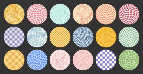 Groovy checkered pattern, round colorful tiled grid. Vintage wavy curved Stock Illustration