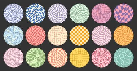 Groovy checkered pattern, round colorful tiled grid. Vintage wavy curved Stock Illustration